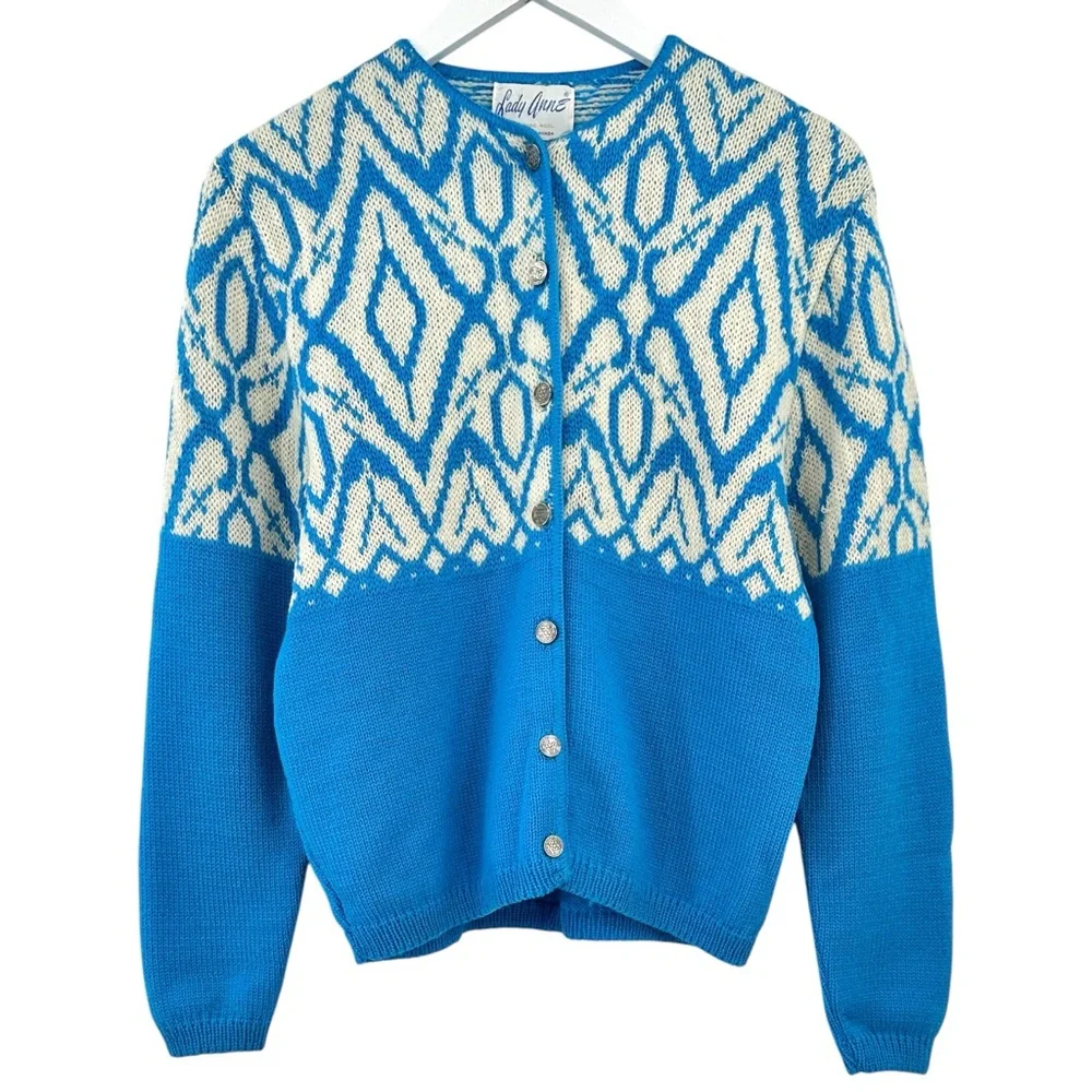 Vintage Made in Canada Lady Anne Blue & White Wool Cardigan Sweater - Picture 1 of 8